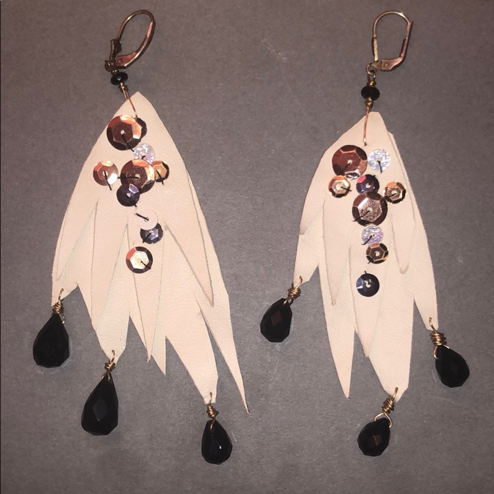 Leather earrings with beads and sequins